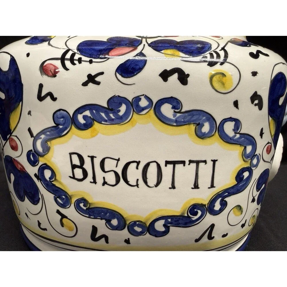 Deruta Italy Hand Painted Biscotti Large Oval Cookie Jar Canister Rooster VTG